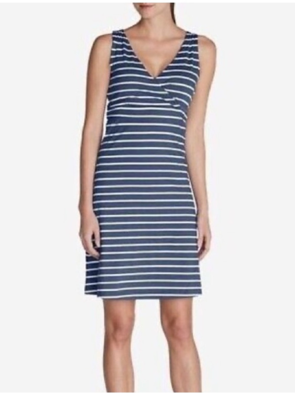 Eddie Bauer Blue & White Striped Sleeveless V-Neck Dress Size Small Fit & Flare